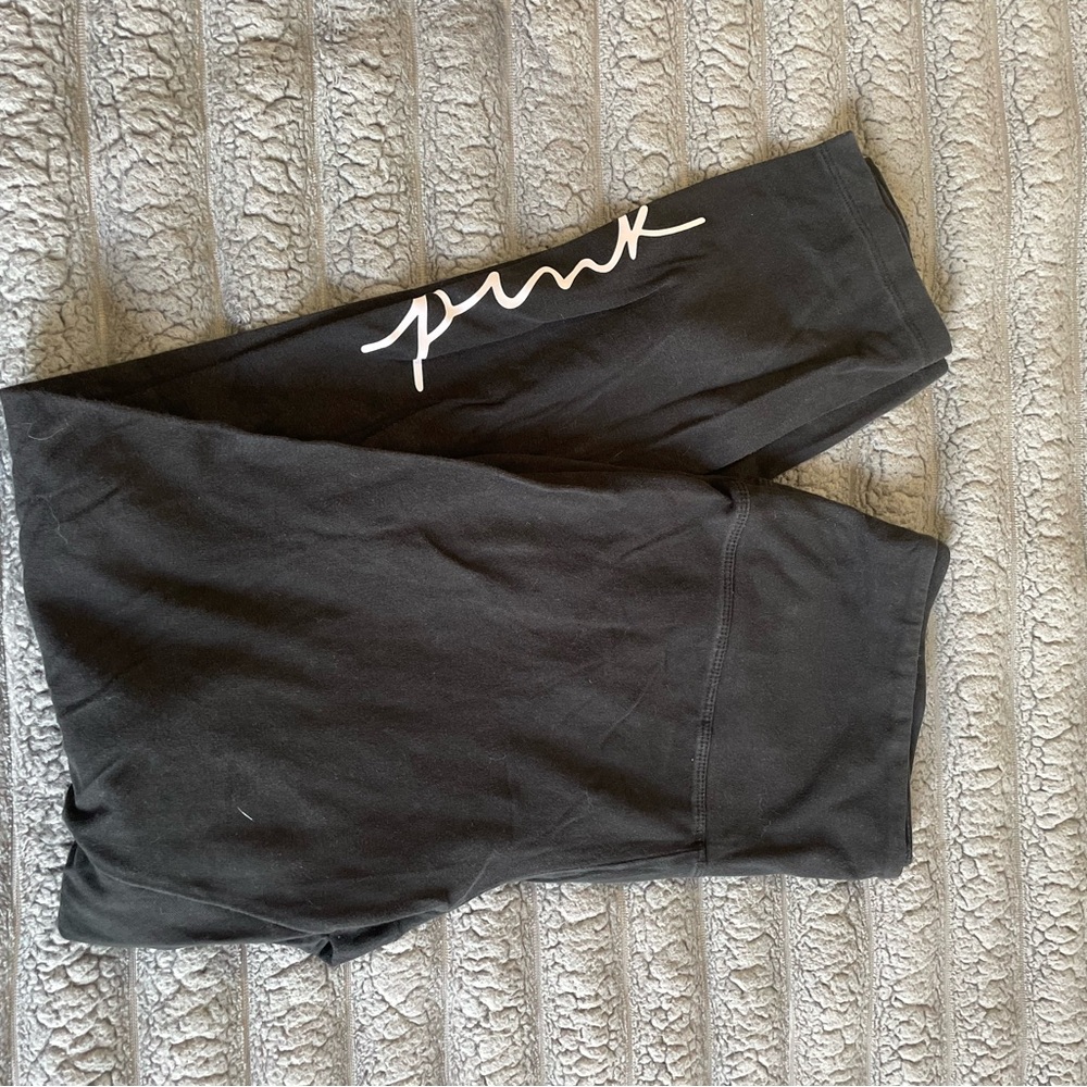 PINK Victoria's Secret Women’s Black Athletic Leggings with White Logo